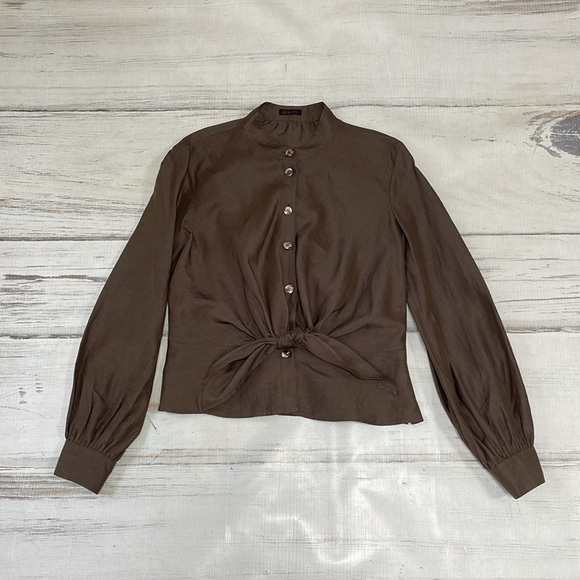 ESCADA Blouse Top Shirt Brown Linen Silk Button Front Tie Peplum Size Small - Picture 10 of 16